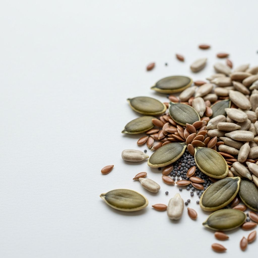 Mix aus Kürbiskernen und natürlichen Saaten auf weißer Fläche - Tryptophanquellen